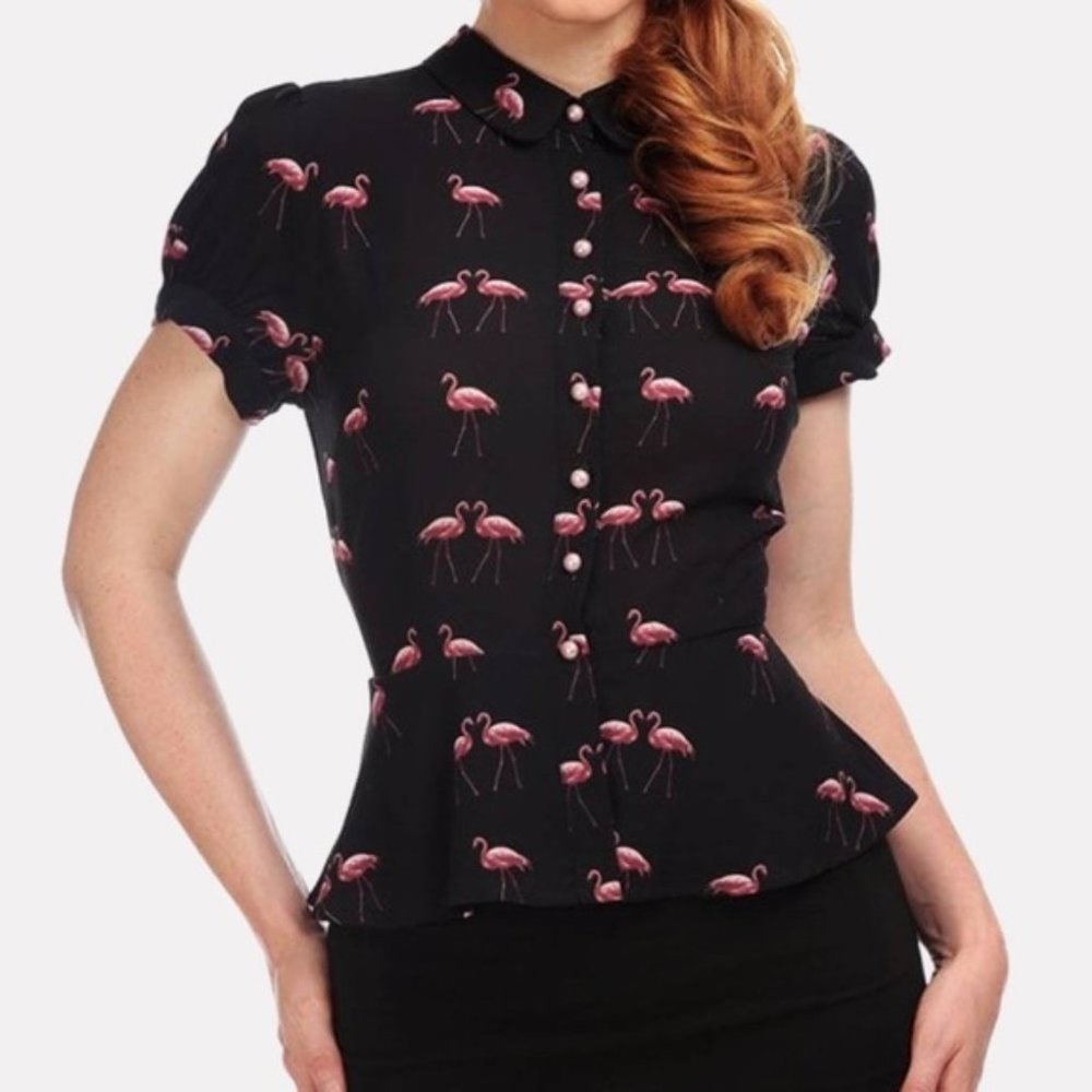 collectif black pink flamingo top size medium 8 peplum shirt